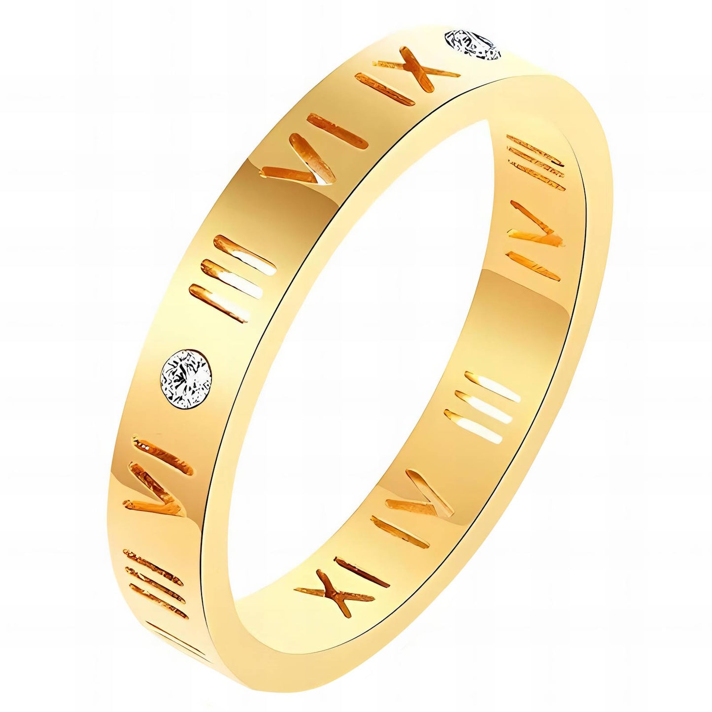 Gold ring with Roman numeral design and diamonds on a white background