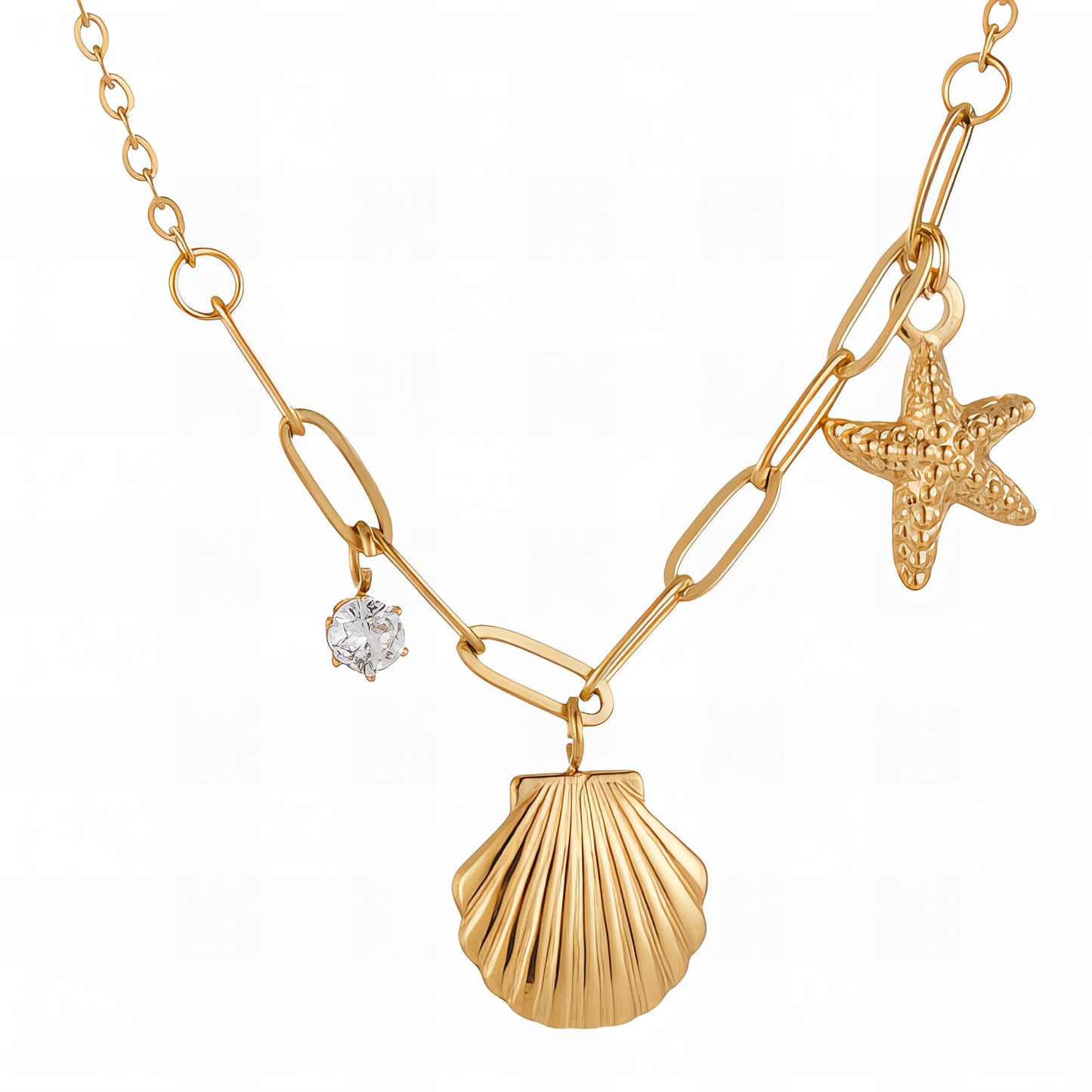 "Starfish and Seashell" Necklace, 18K Gold Plated Steel Item# 90242-0