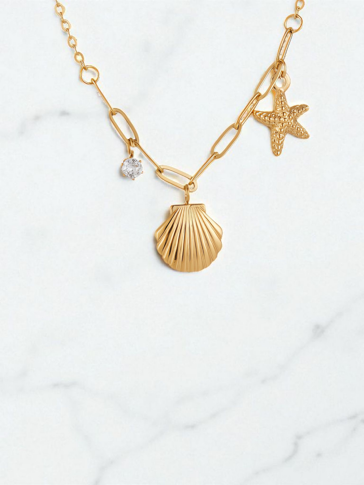 "Starfish and Seashell" Necklace, 18K Gold Plated Steel Item# 90242-0