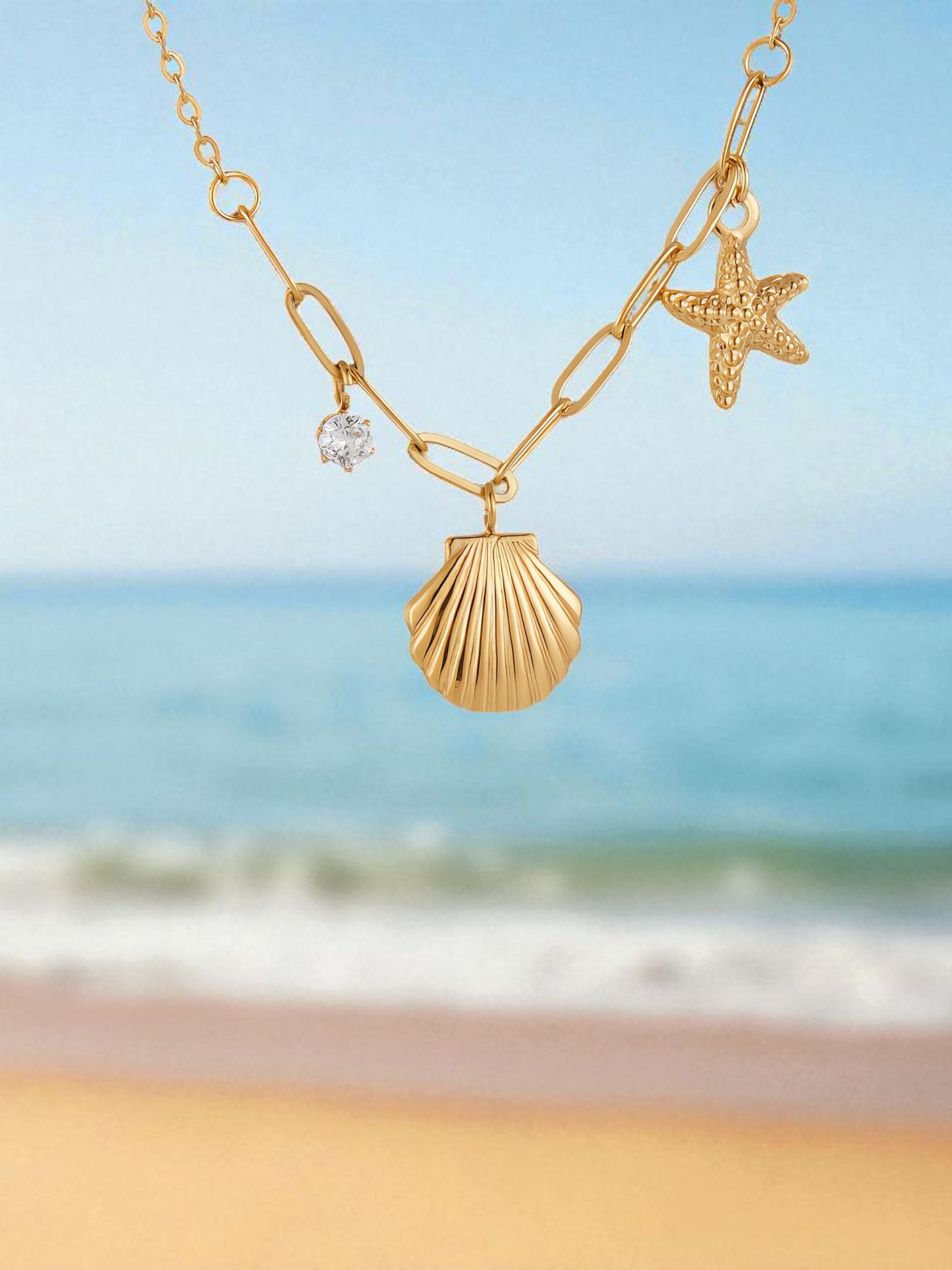 "Starfish and Seashell" Necklace, 18K Gold Plated Steel Item# 90242-0