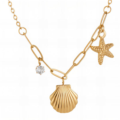 "Starfish and Seashell" Necklace, 18K Gold Plated Steel Item# 90242-0