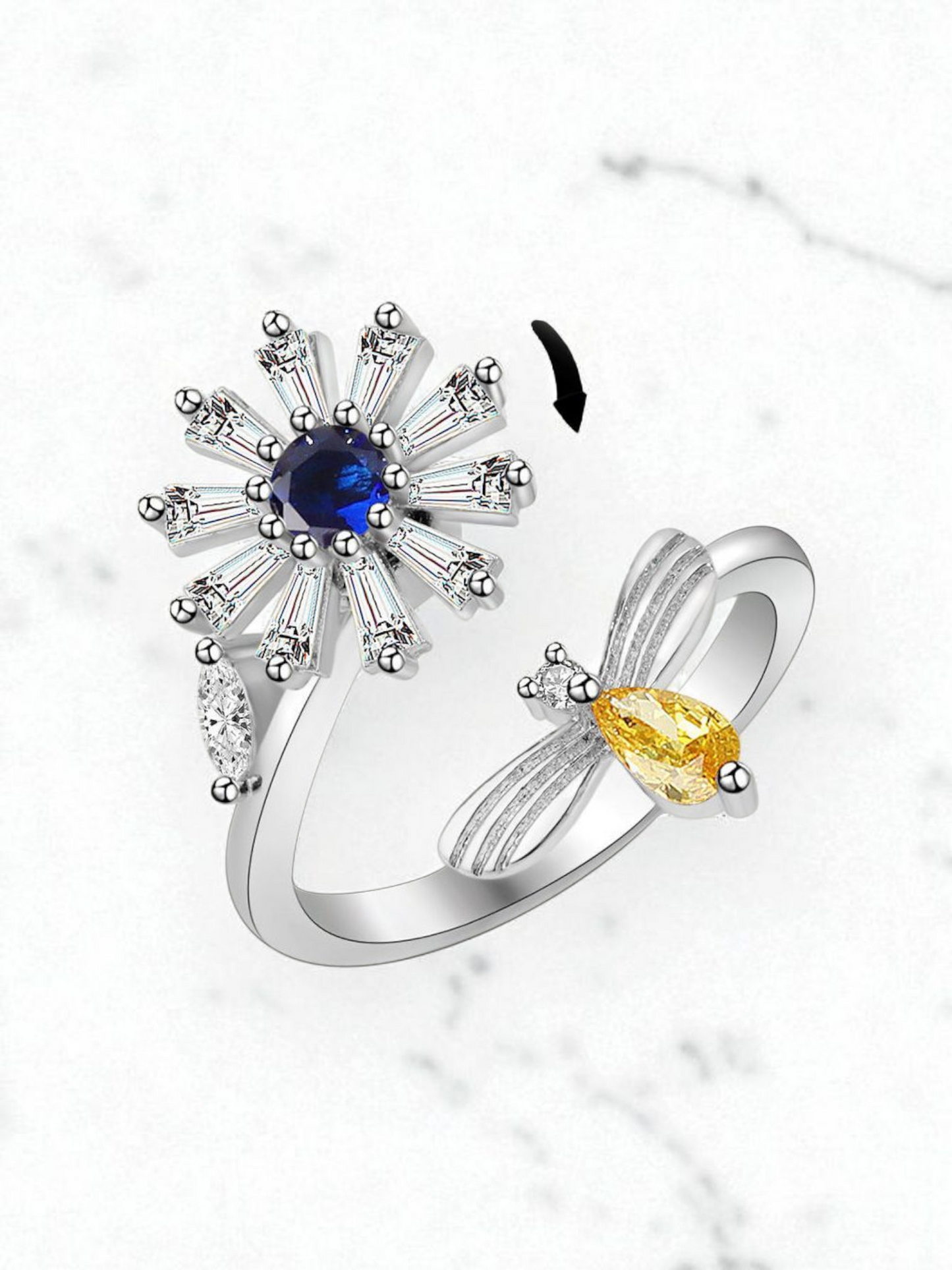 Fidget Flower ring with blue stone Spins for Anxiety relief-Adjustable ring Item#Nj1047