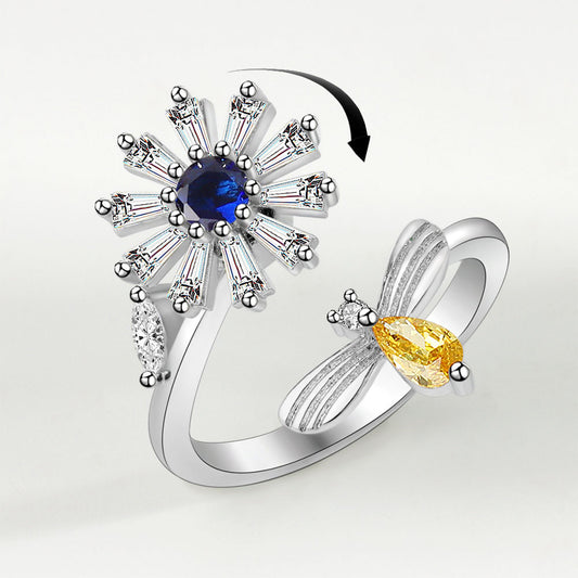 Fidget Flower ring with blue stone Spins for Anxiety relief-Adjustable ring Item#1047